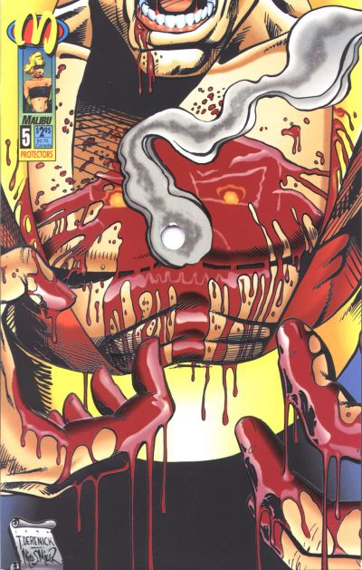 A bloody bare chest takes up most of the cover, with two bloody hands held in front of it and the character's mouth wide open, only his bottom teeth visible. Int he center of the cover is a literal round hole